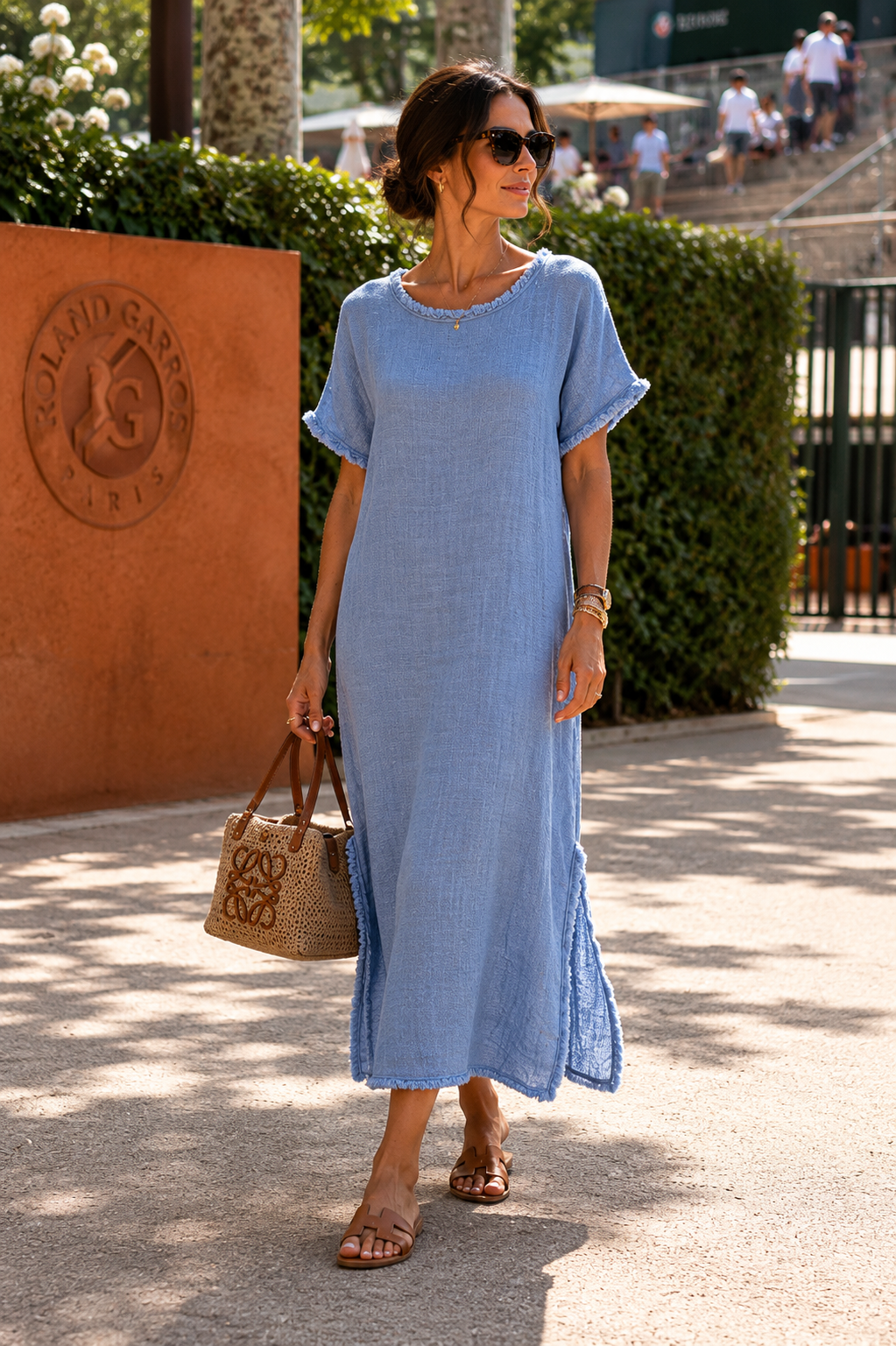 lina classic boho dress Lina naturel linen dress with brown and green stripes