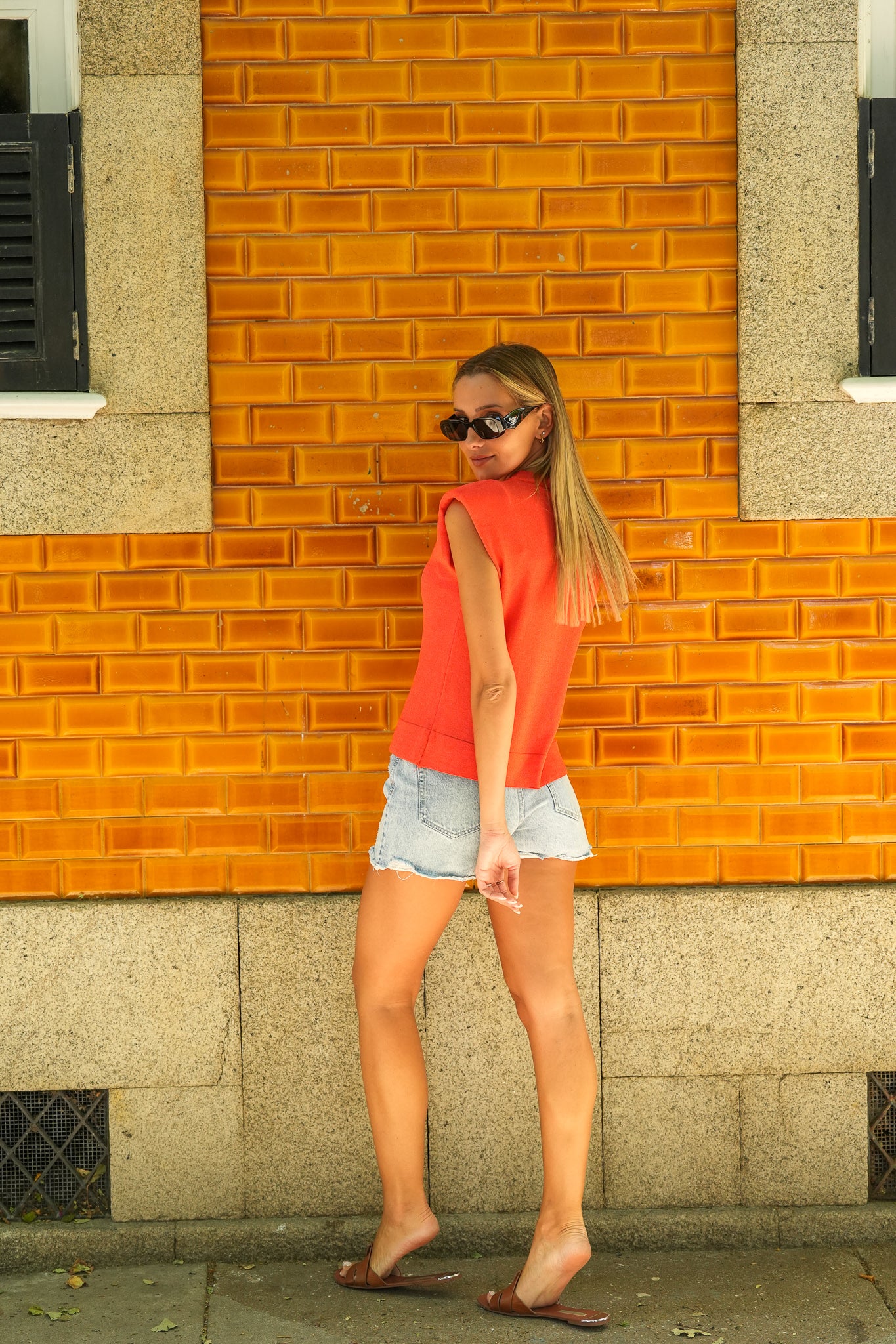 Neon Orange Knitted Sweater with Shoulder Pads